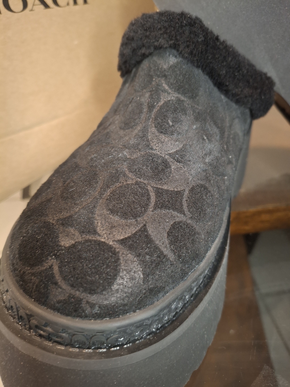 Coach Black Signature Suede Slip-On Slippers with Shearling Trim - Picture 3 of 6